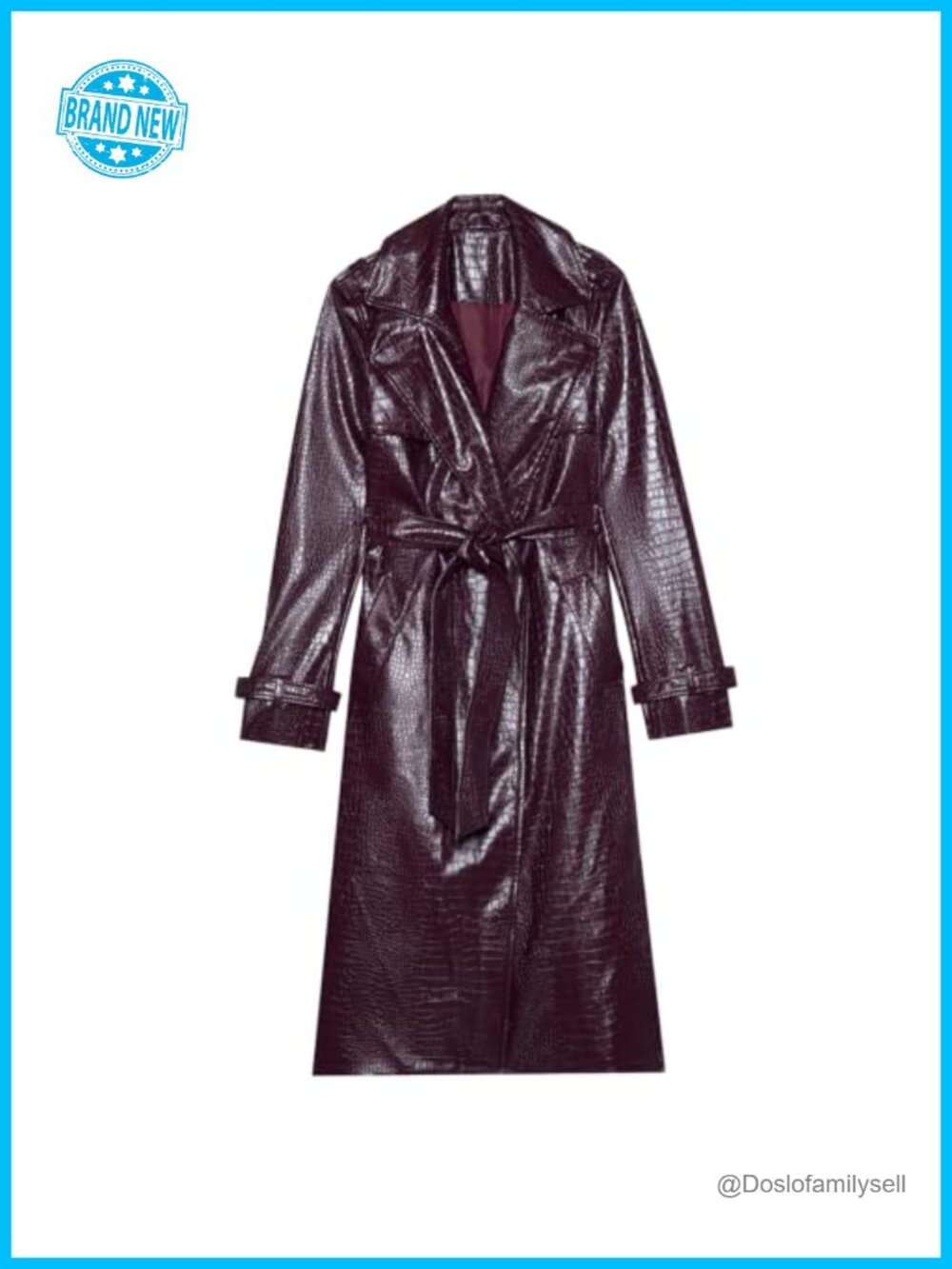 Faux PU Leather Trench Coat Long Belted Knee Length Jacket